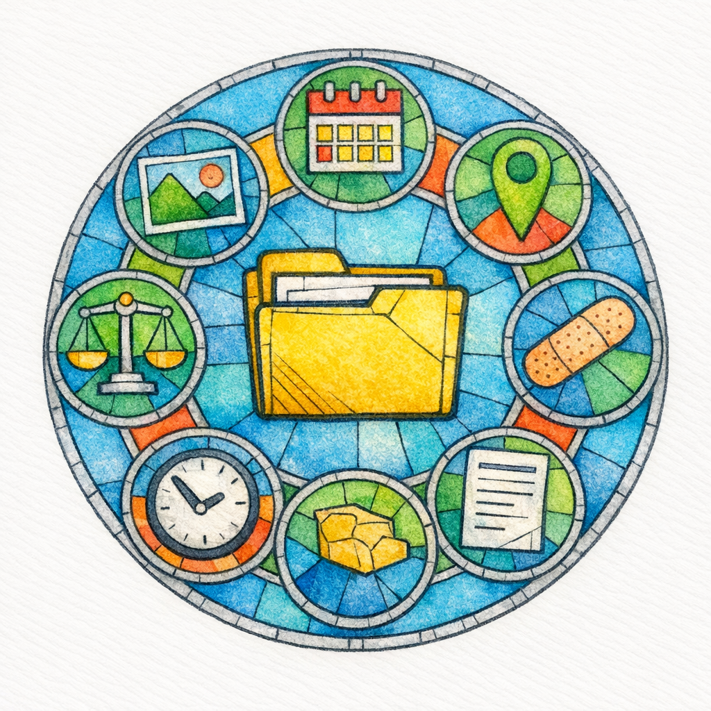 A halo of bullet icons circles a case file in stained glass, representing key eligibility factors.