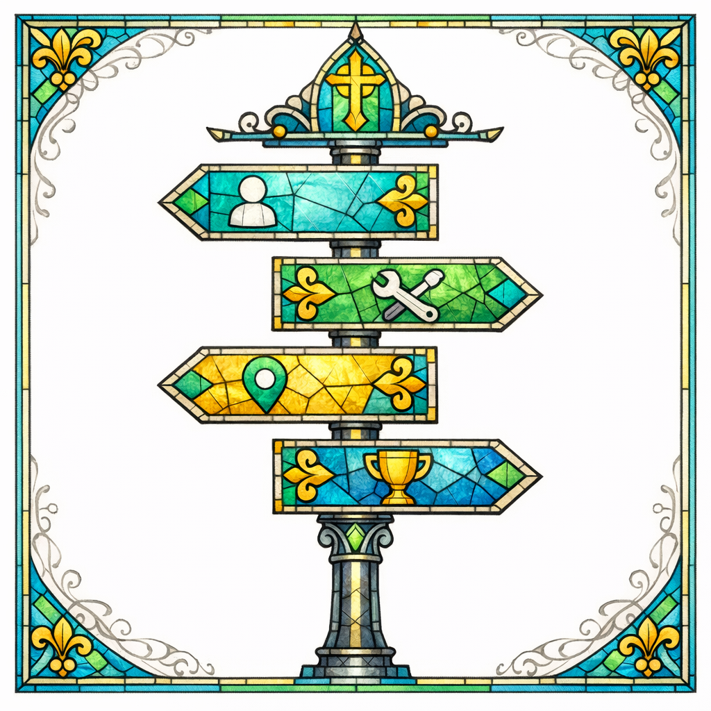 A stained-glass signpost points to who, what, where, and outcomes as clear brand facts.