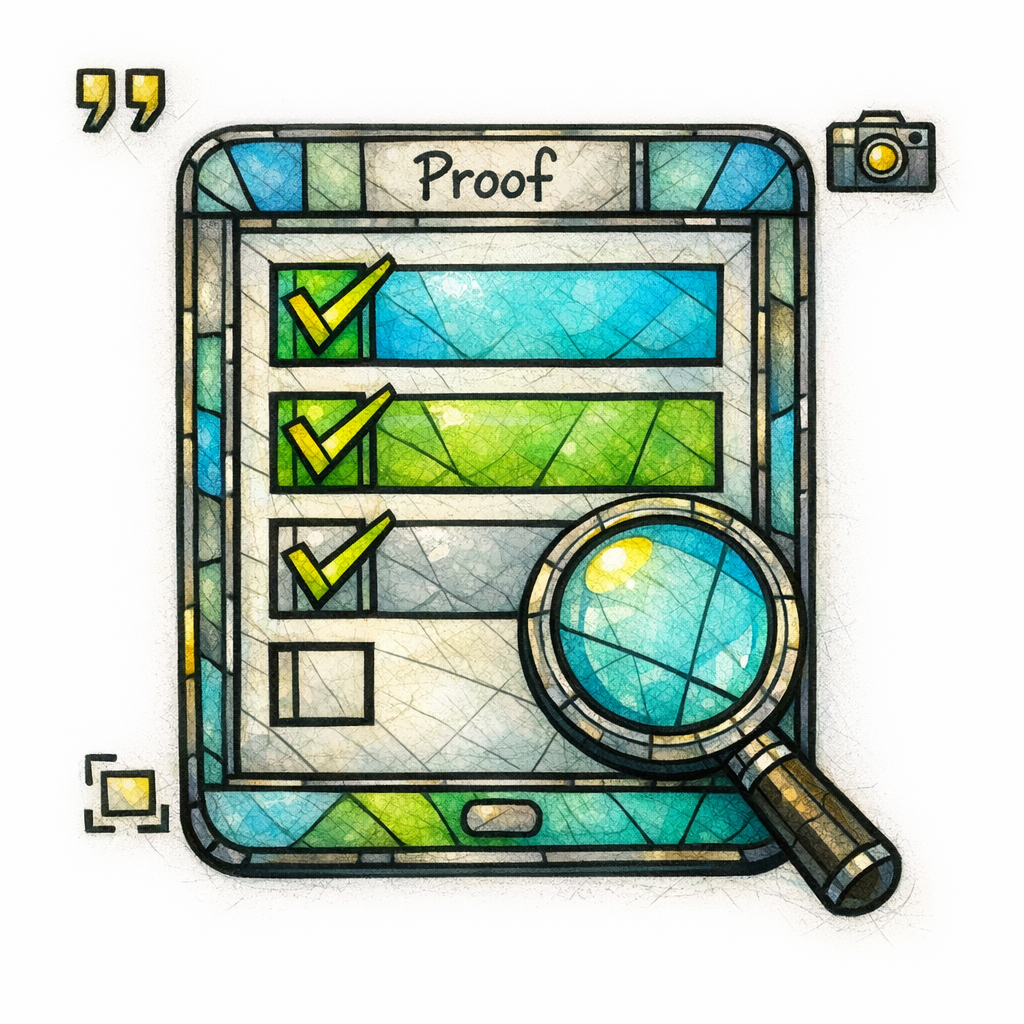 A stained-glass checklist and magnifier show transparent criteria and evidence for comparisons.