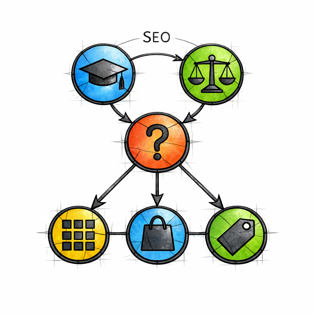 A map of linked pages forms a guided route from education to decisions to category and product pages.