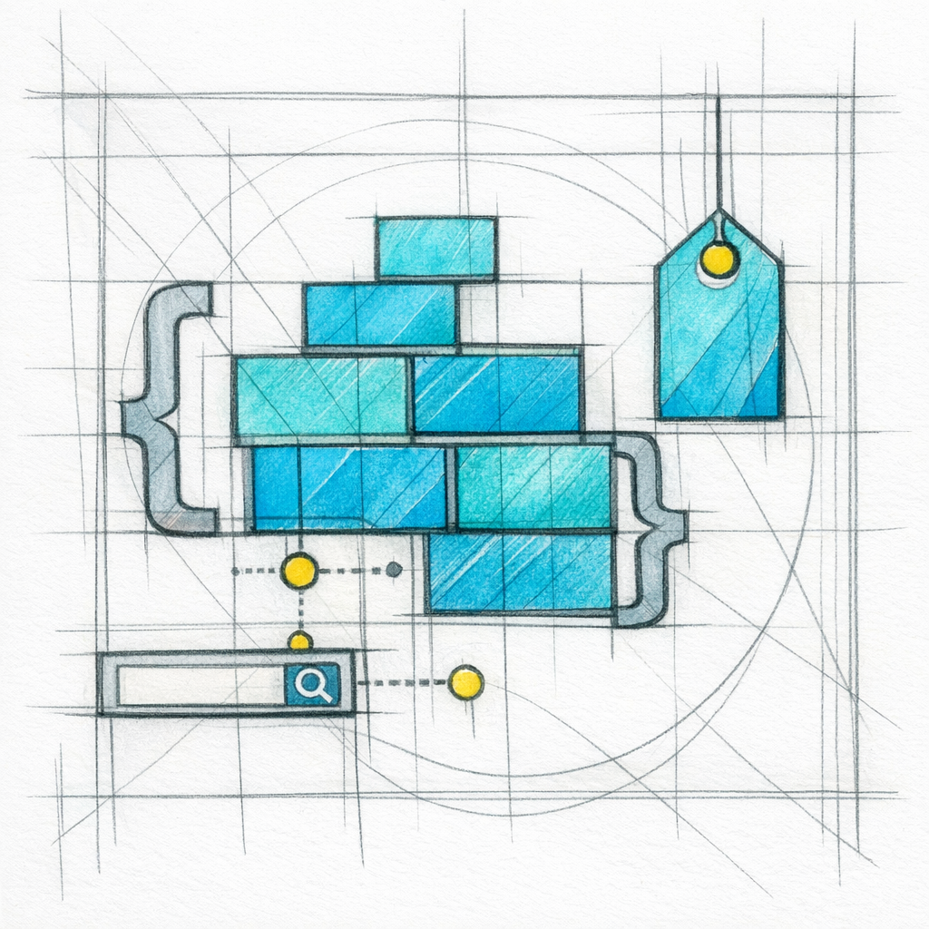 A stained-glass label tag and structured blocks show content being organized for engines to understand.