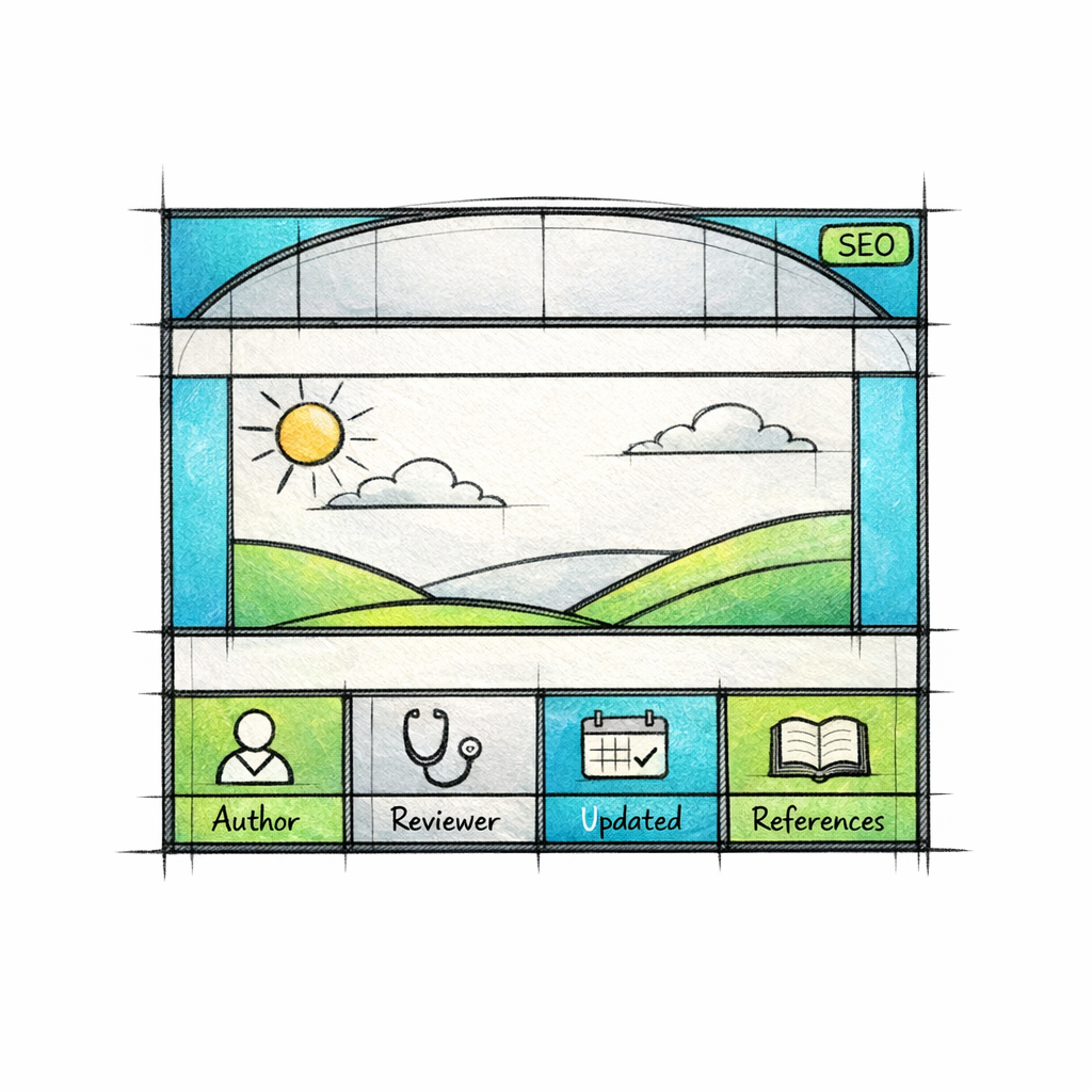 A stained-glass web page mock shows author, reviewer, updated date, and references as clear trust blocks.