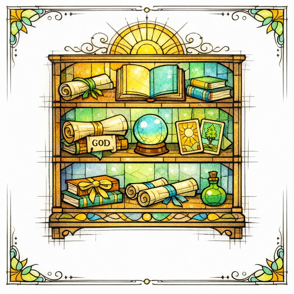 A stained-glass bookshelf of scrolls represents a reusable workflow library powering unique pages.