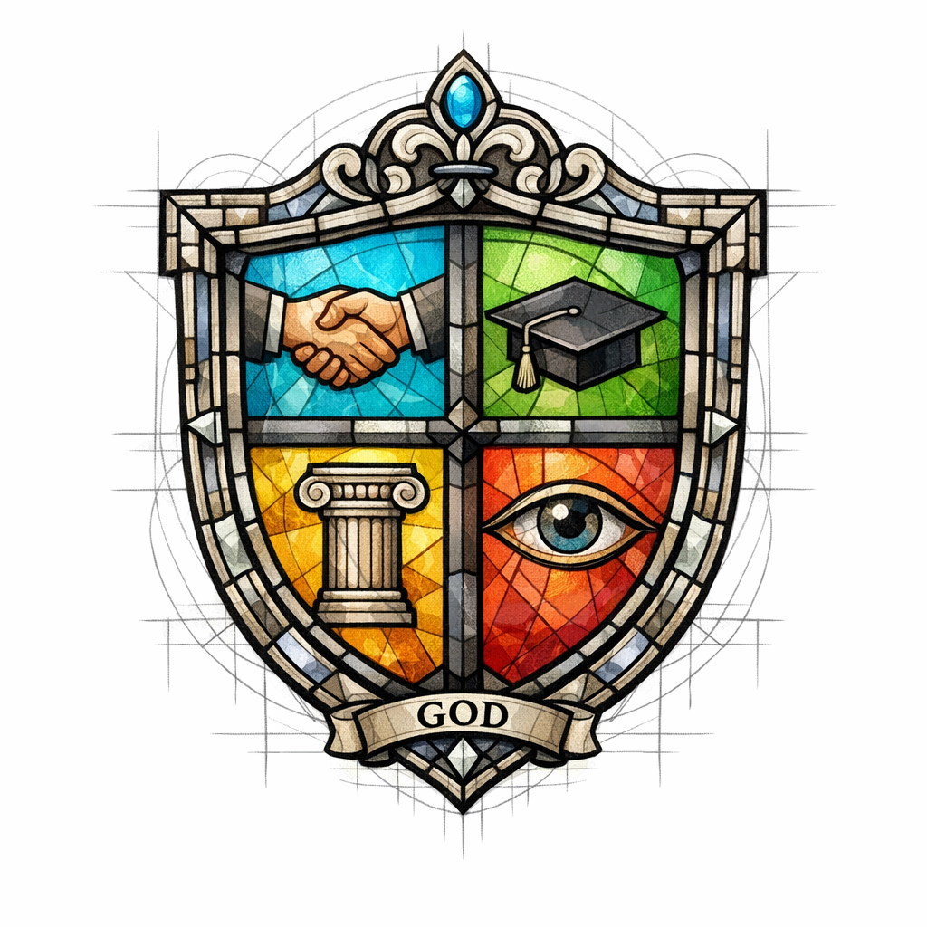 A stained-glass trust seal combines experience, expertise, authority, and transparency into one clear emblem.