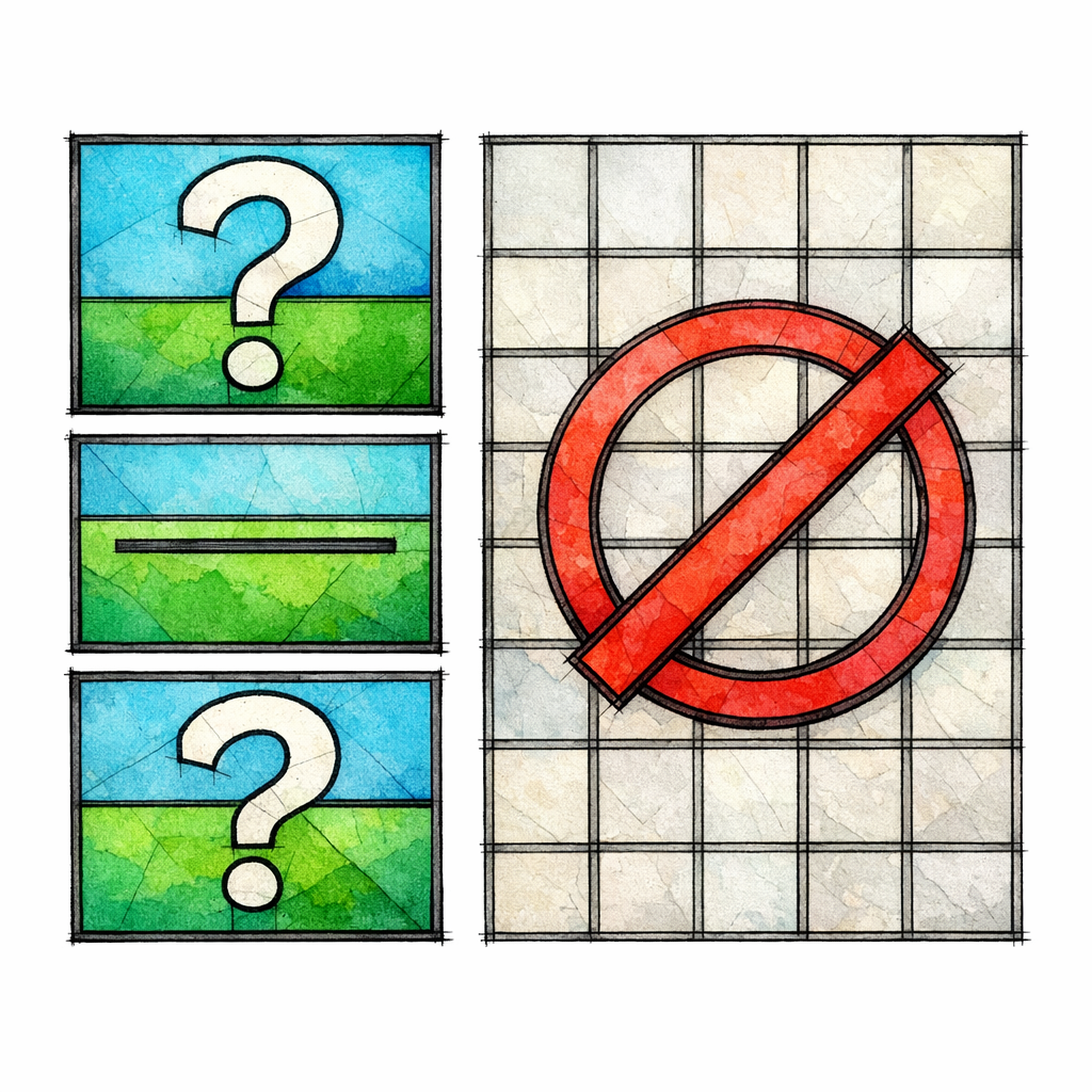 A stained-glass FAQ stack shows a few strong Q and A panes while many faint panes are crossed out.