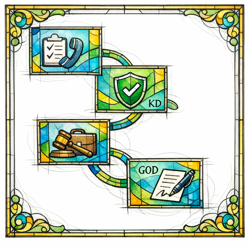 A stained glass four-step flow shows call or form, conflict check, attorney review, and engagement signature.