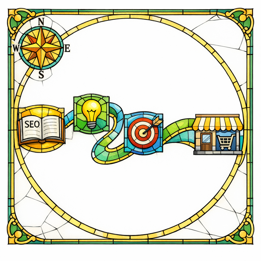 A stained-glass winding path diagram connecting guide pages to category and product icons.