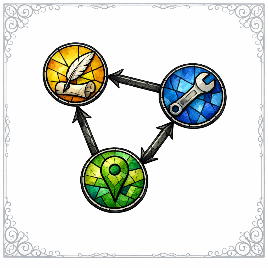 A stained-glass triangle shows blogs feeding service and city pages with intentional internal links.