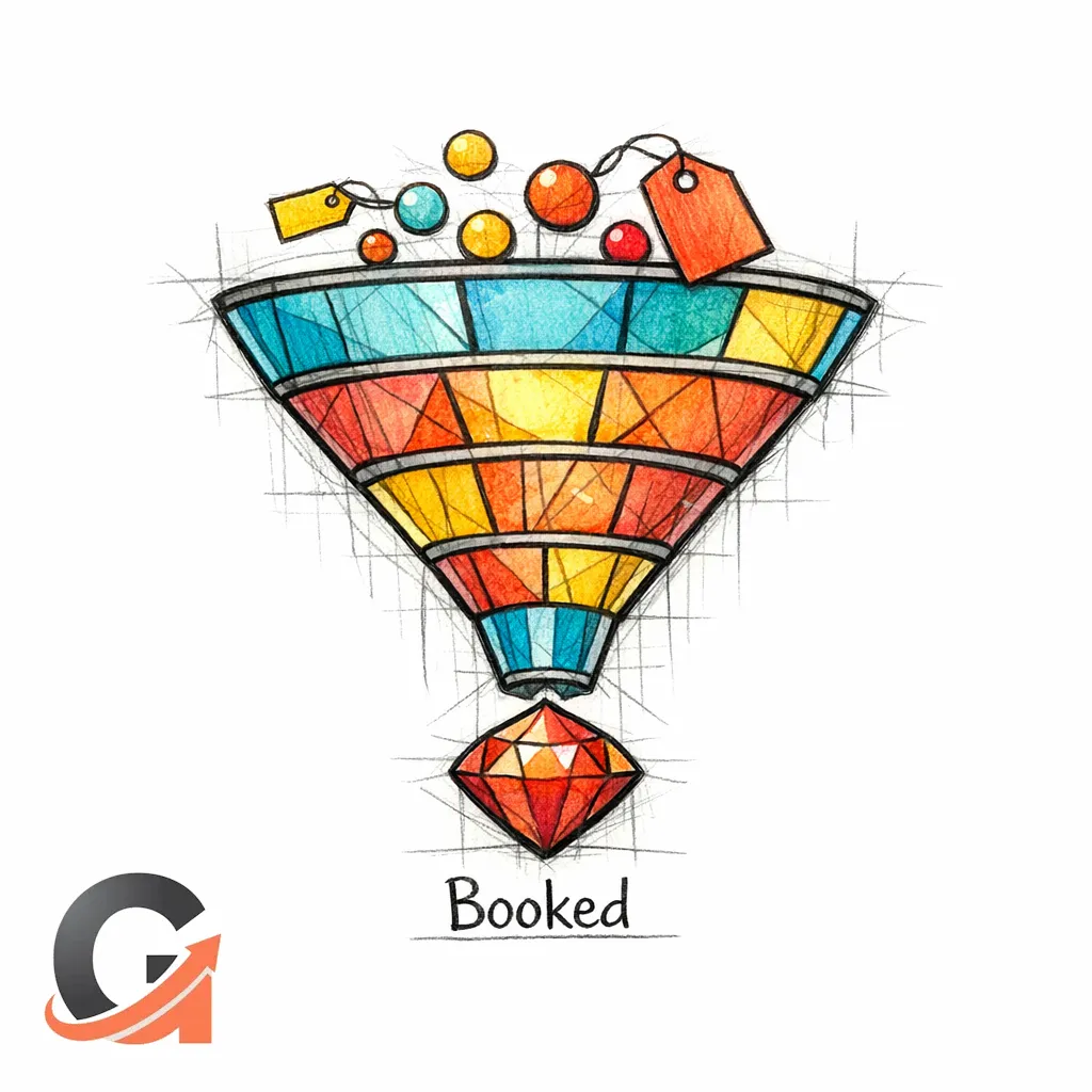 A stained-glass funnel turns leads into booked jobs, highlighting that cheap leads can waste money.