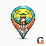 A glowing stained-glass beacon over a map pin represents capturing near-me searches without keyword stuffing.
