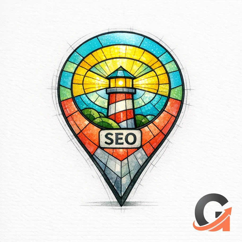 A glowing stained-glass beacon over a map pin represents capturing near-me searches without keyword stuffing.