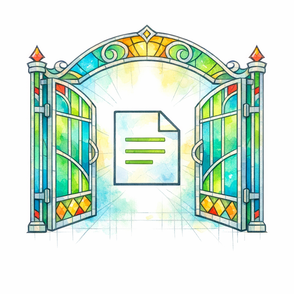 A stained-glass gate with a page icon shows practice pages screening gently without scaring visitors away.