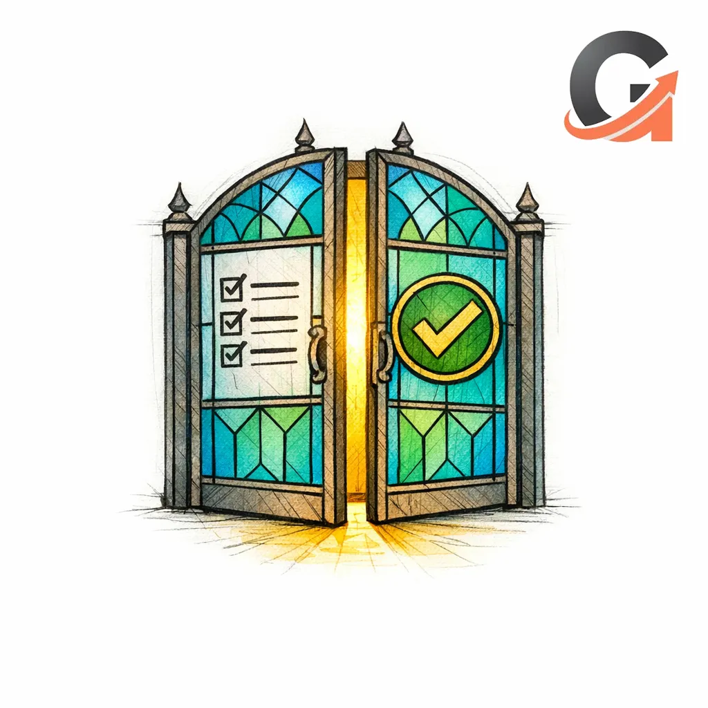 A stained-glass gate with a checklist and seal symbolizes a publish-only-after-QA workflow.