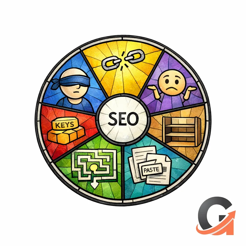 Seven small stained-glass icons represent common conversion-killing mistakes like orphan pages and no verdicts.