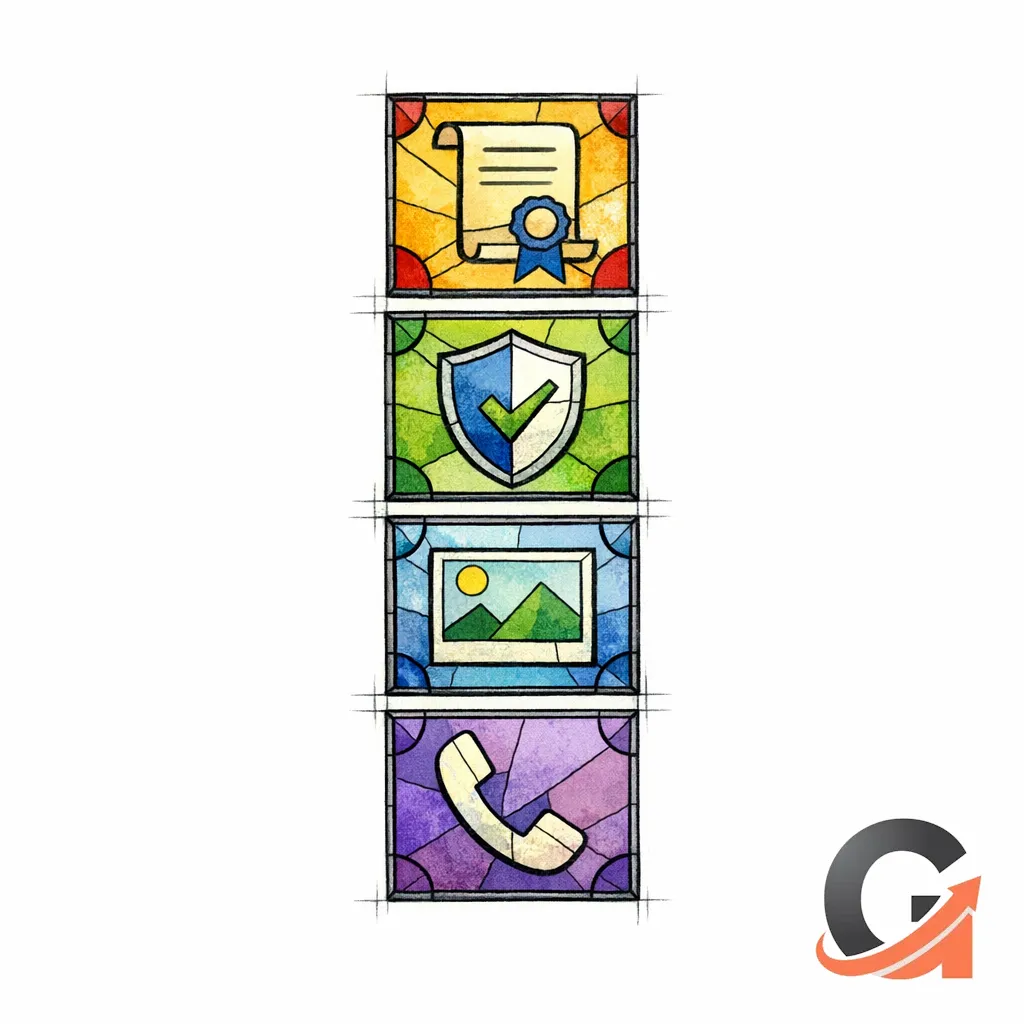 A stained-glass stack of proof elements shows credentials, policies, examples, and contact clarity.