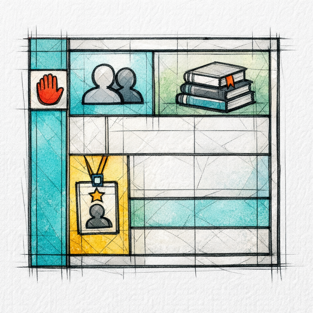 A stained-glass blueprint page shows a content brief with clear boundaries and a do-not-say margin.