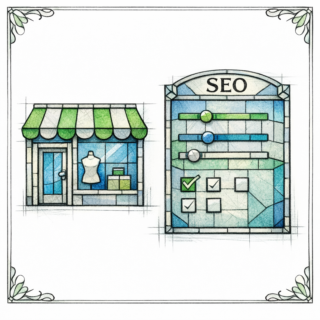 A stained-glass storefront with a highlighted filter panel as the final pre-purchase step.