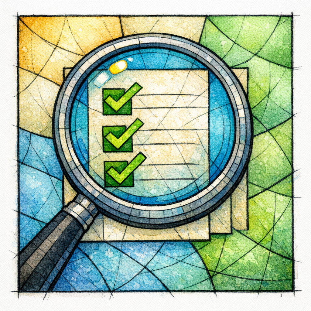 A magnifying glass over a checklist in stained glass symbolizes high-intent eligibility searches.