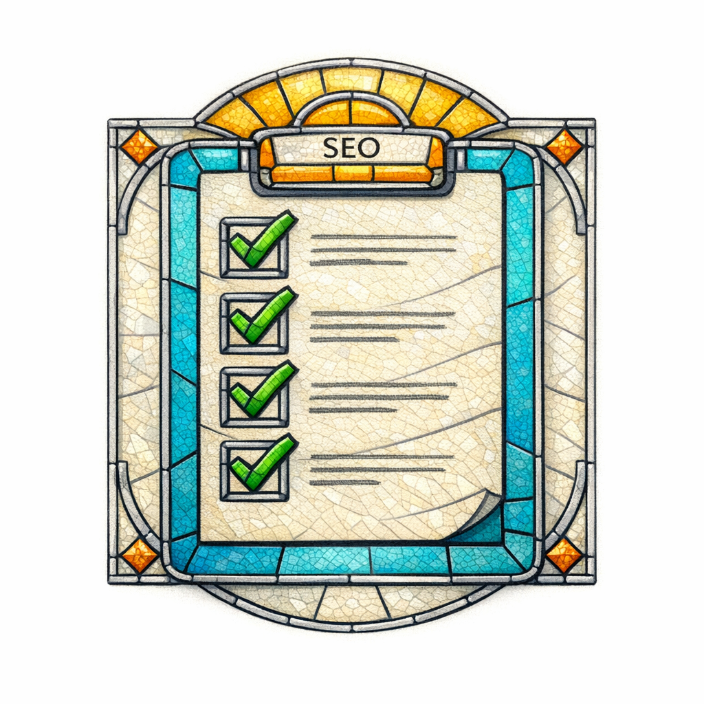 A stained-glass clipboard with checked boxes symbolizes a strict editorial checklist that cannot be bypassed.