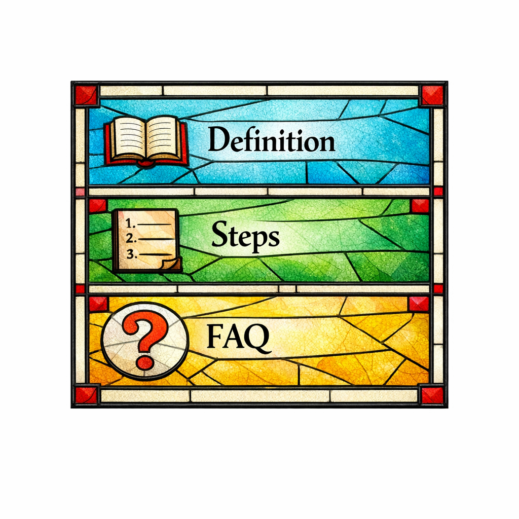 A stained-glass page is divided into clear blocks for definition, steps, and FAQ for easy extraction.