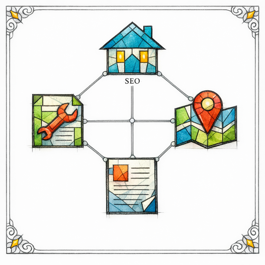 A stained-glass network shows homepage, services, cities, and articles connected by crawlable links to money pages.