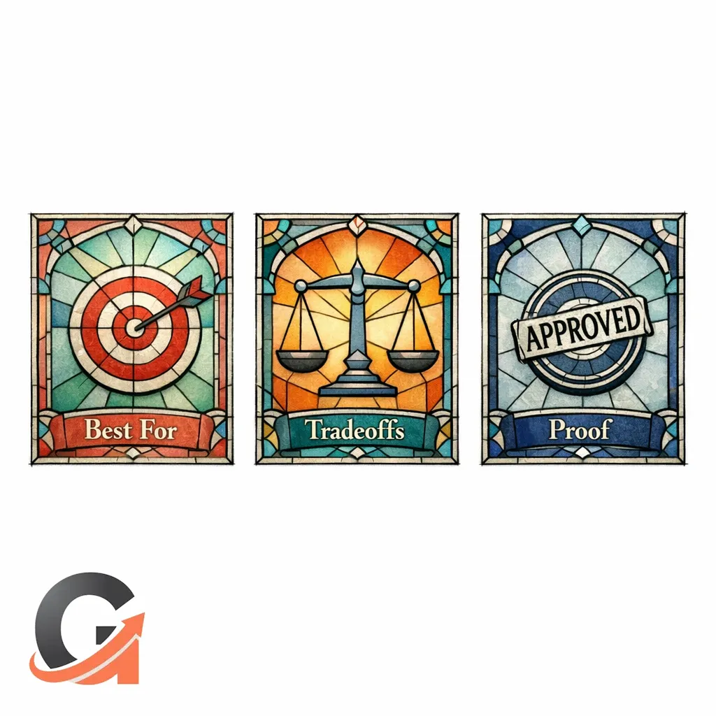 Three stained-glass cards show Best For, Tradeoffs, and Proof as a repeatable comparison template.
