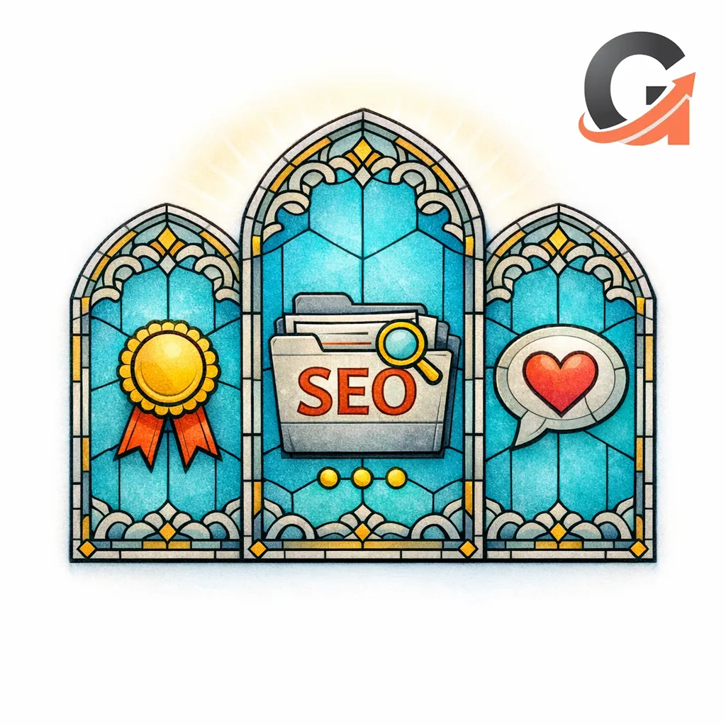 Stained glass displays three proof tiles for credentials, representative matters, and client experience with calm icons.