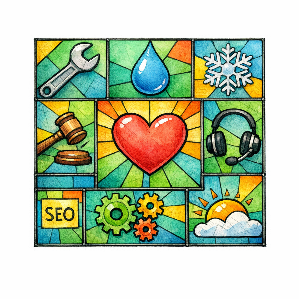 A stained-glass checklist ranks sub-services with reordered tiles to reflect each city’s demand.