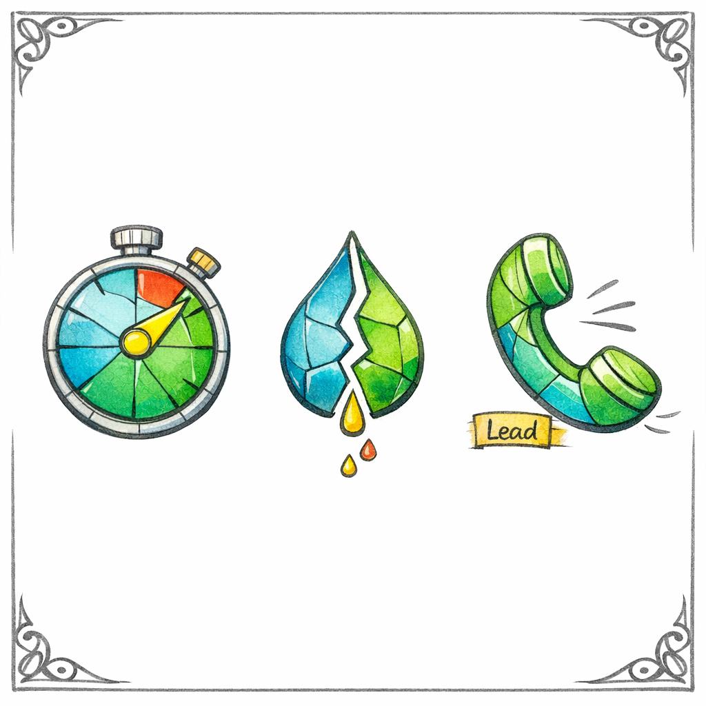 A stained-glass stopwatch sits beside a ringing phone, showing how slow response turns leads into leaks.
