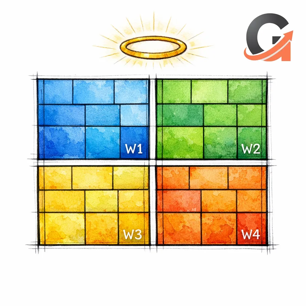 A stained-glass calendar depicts four weeks: services, cities, blogs, and GBP updates.