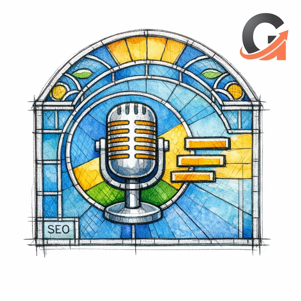 A stained-glass microphone icon pairs with short sentence bars to represent voice-friendly answers.