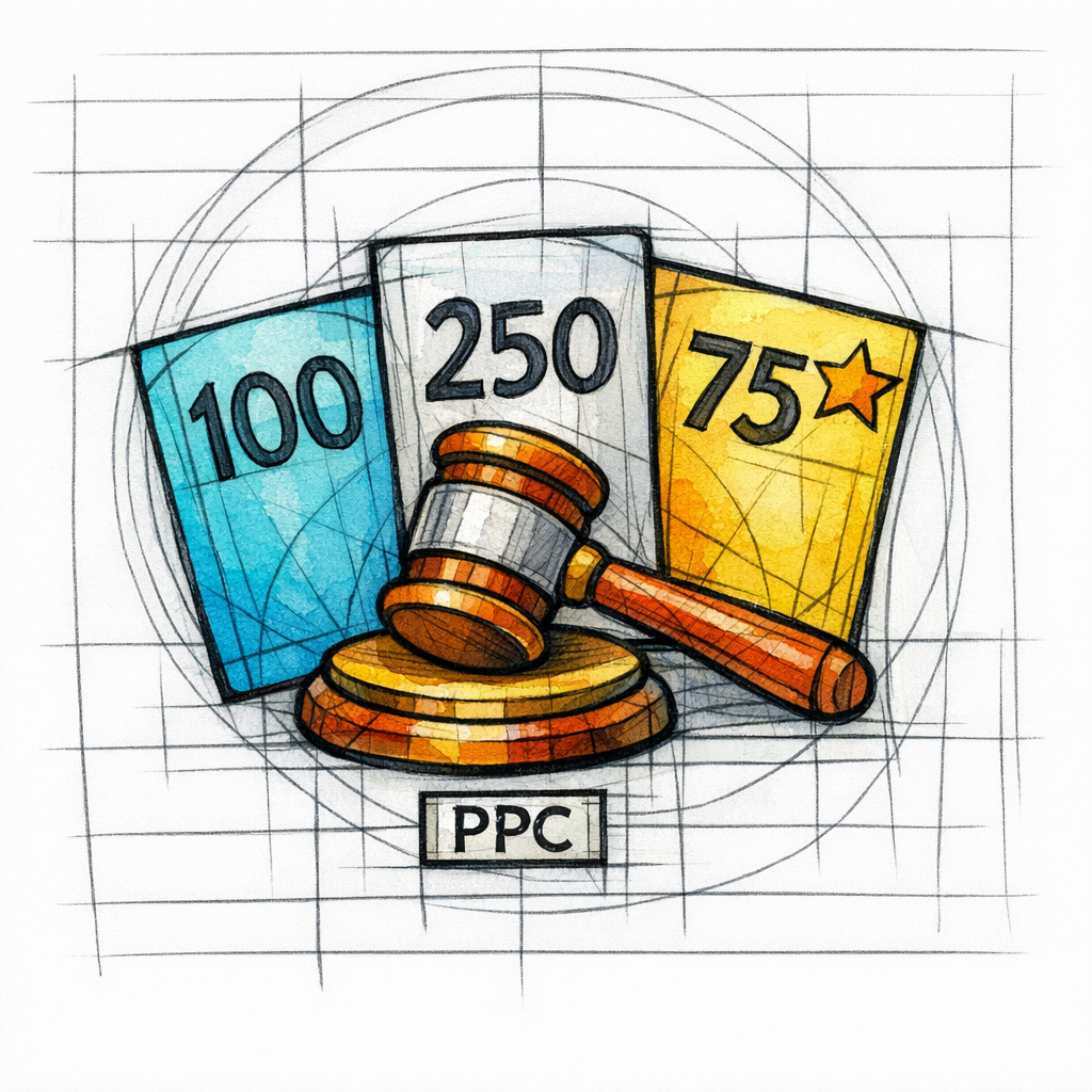 A stained-glass gavel and bid cards show PPC as an auction where quality and price decide visibility.
