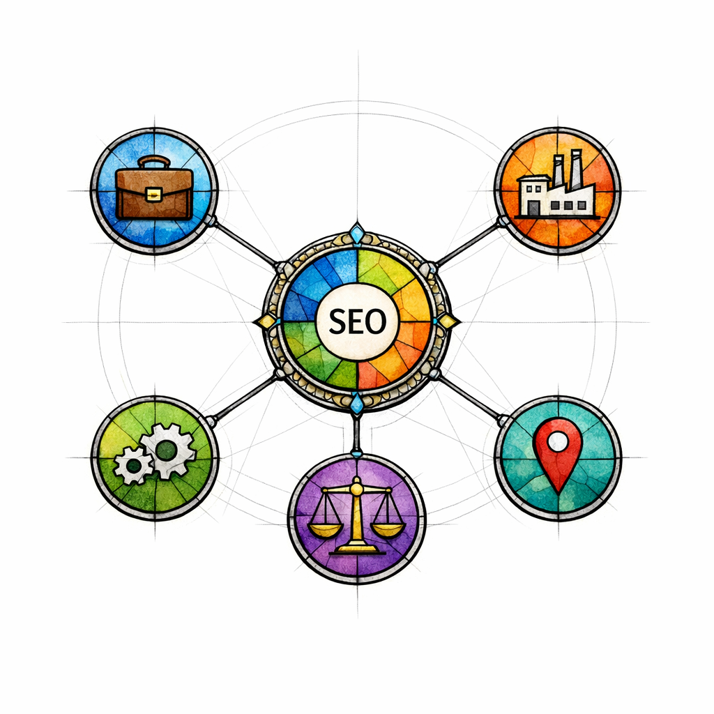 A stained-glass constellation diagram shows hubs linking to services, industries, use cases, comparisons, and locations.
