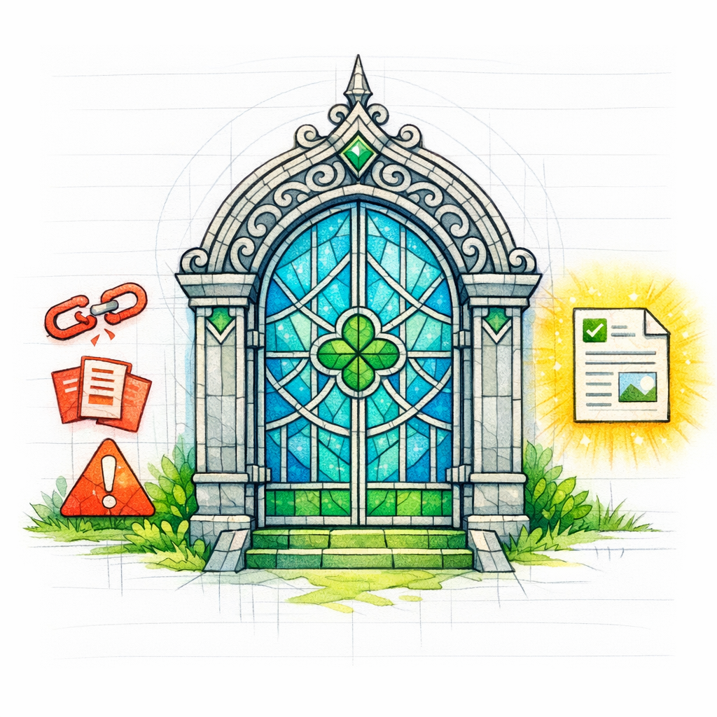 A stained-glass gate blocks error symbols from reaching a published page, representing QA as risk control.