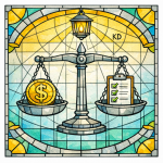 A stained glass coin and scale balance illustrates transparent fees and cost factors without exact numbers.