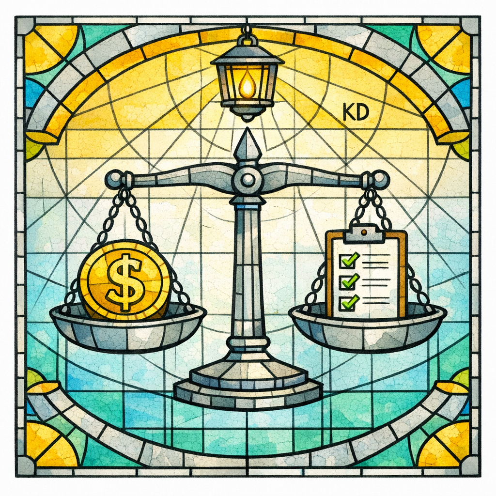 A stained glass coin and scale balance illustrates transparent fees and cost factors without exact numbers.