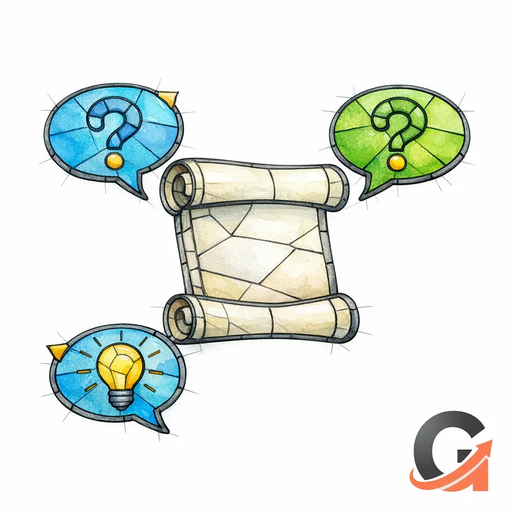 A stained-glass scroll with small speech bubbles represents FAQs harvested from real intake questions.