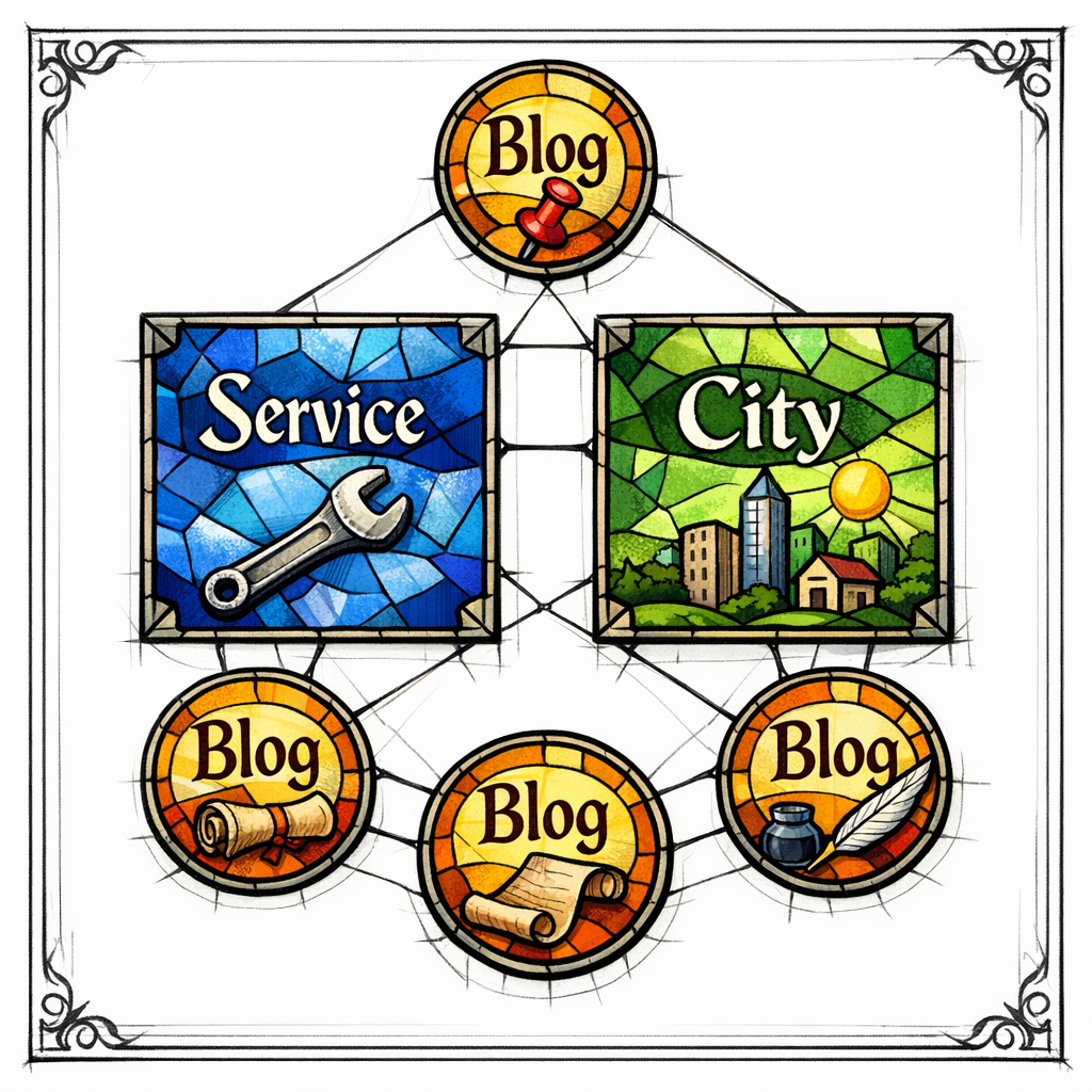 A stained-glass cluster shows one service page, one city page, and three blogs linked as a mini-system.