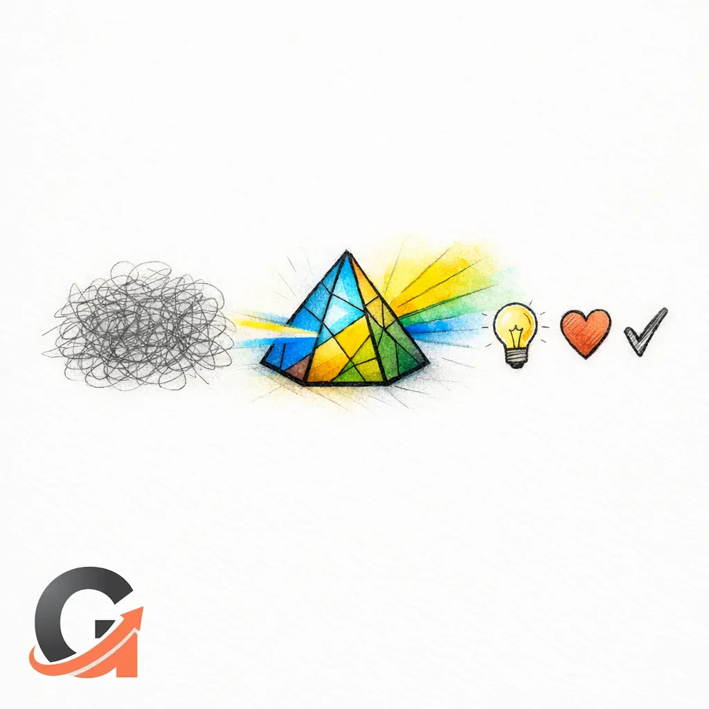 A stained-glass prism turns dense jargon scribbles into clear simple lines to represent plain language.