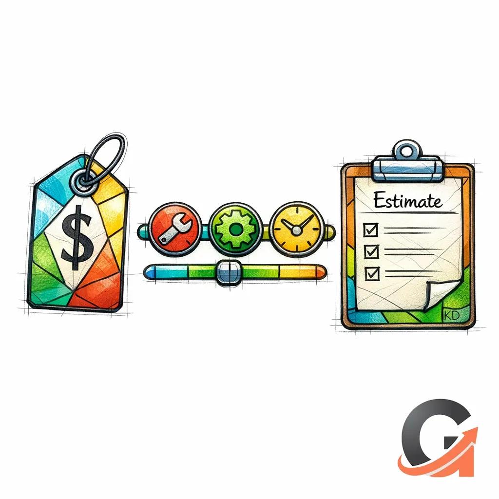 A stained-glass price tag and slider diagram sets expectations for estimates without false promises.