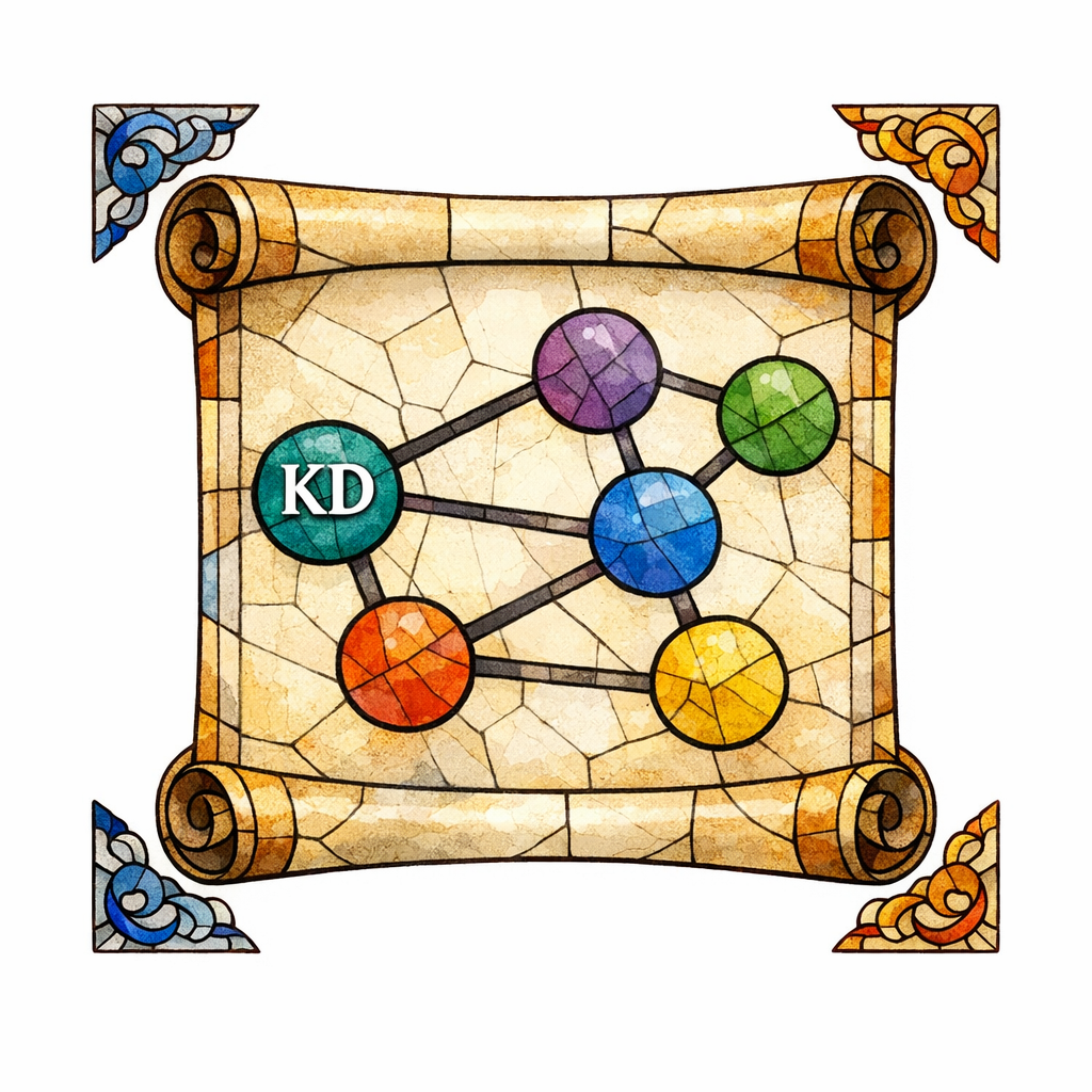 A stained-glass scroll shows tidy tags and nodes to represent structured data without technical clutter.