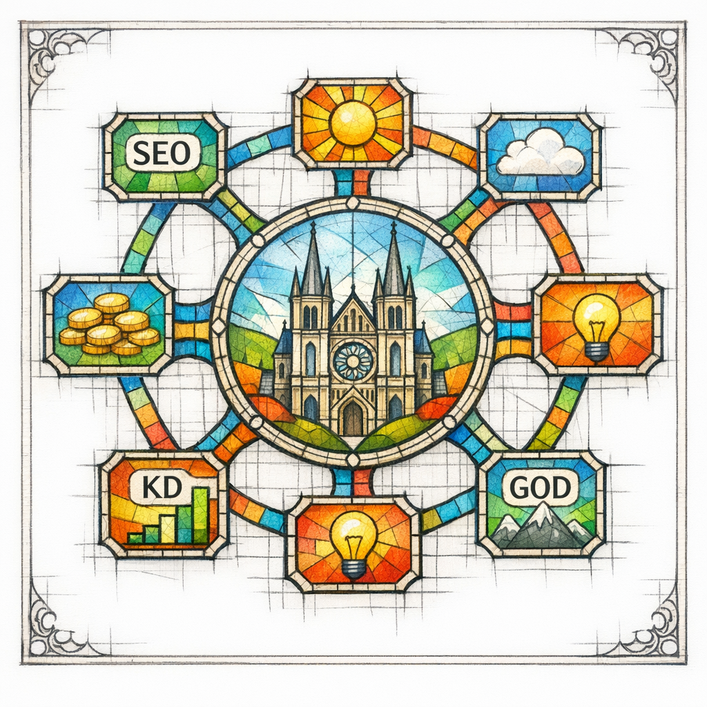 A stained-glass diagram shows a central FAQ hub branching to clustered question panes and conversion paths.