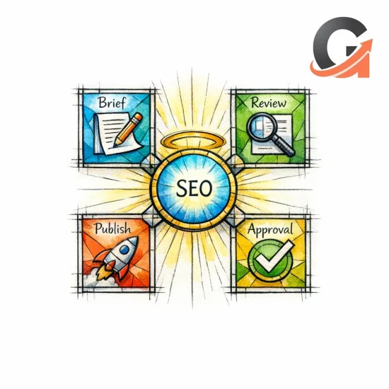 A stained-glass control hub shows briefs, reviews, approvals, and publishing aligned around a central SEO core.