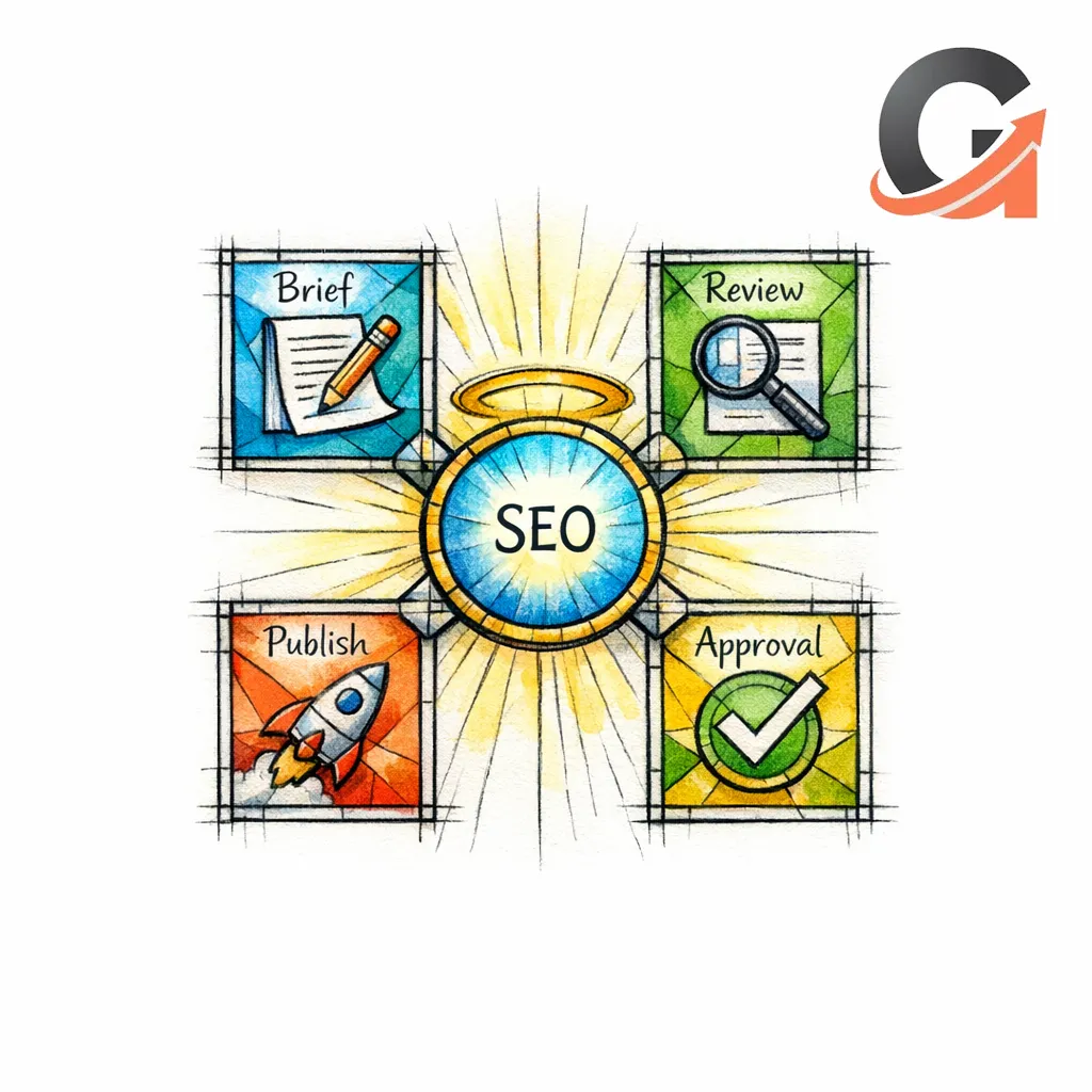 A stained-glass control hub shows briefs, reviews, approvals, and publishing aligned around a central SEO core.