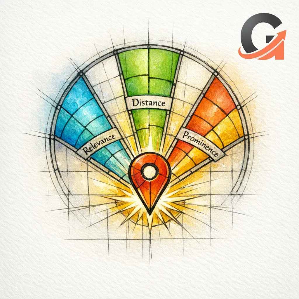 A stained-glass style diagram shows relevance, distance, and prominence converging over a local search target.