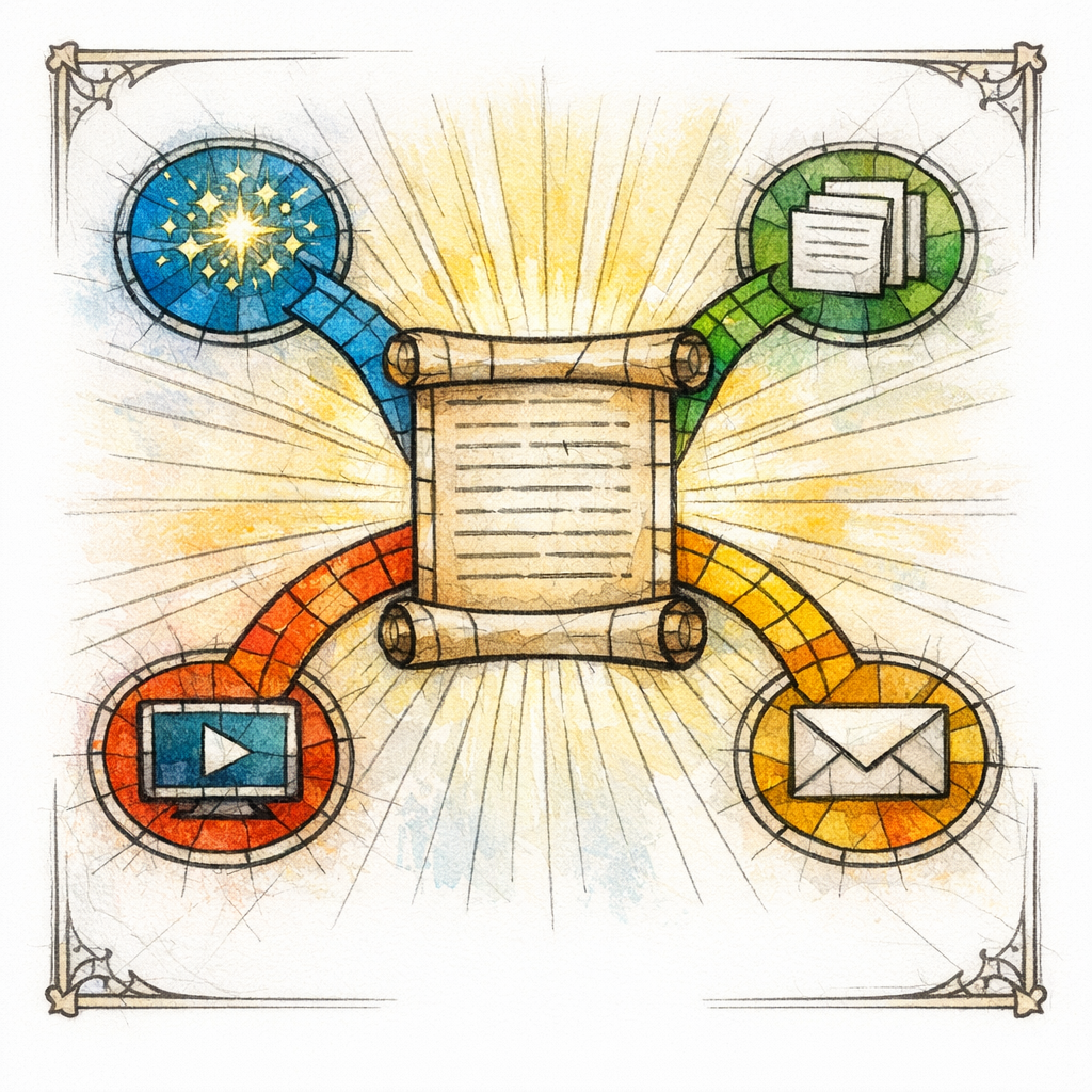 A stained glass hub page sends colored paths to AI, LinkedIn, YouTube, and email on a white background.