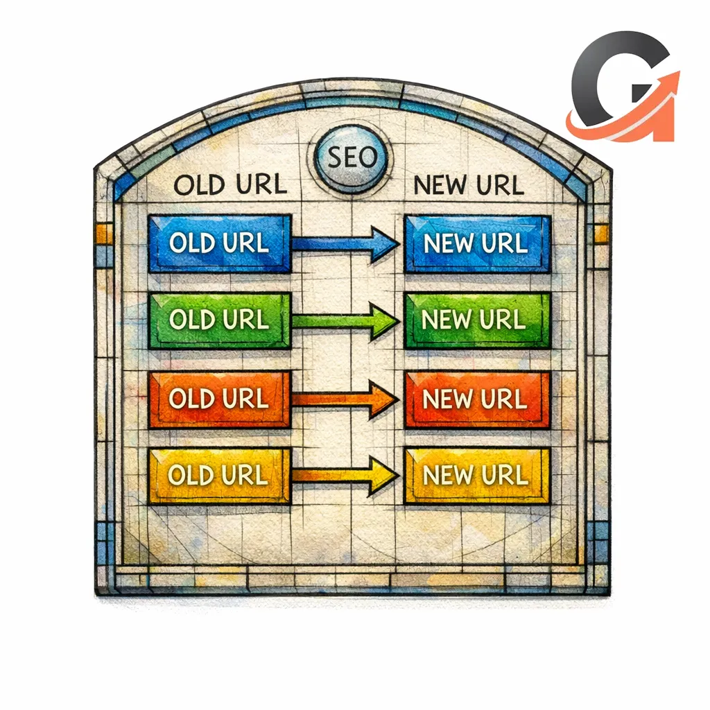 A stained-glass style migration map shows old URLs cleanly flowing to new URLs like a sacred blueprint.