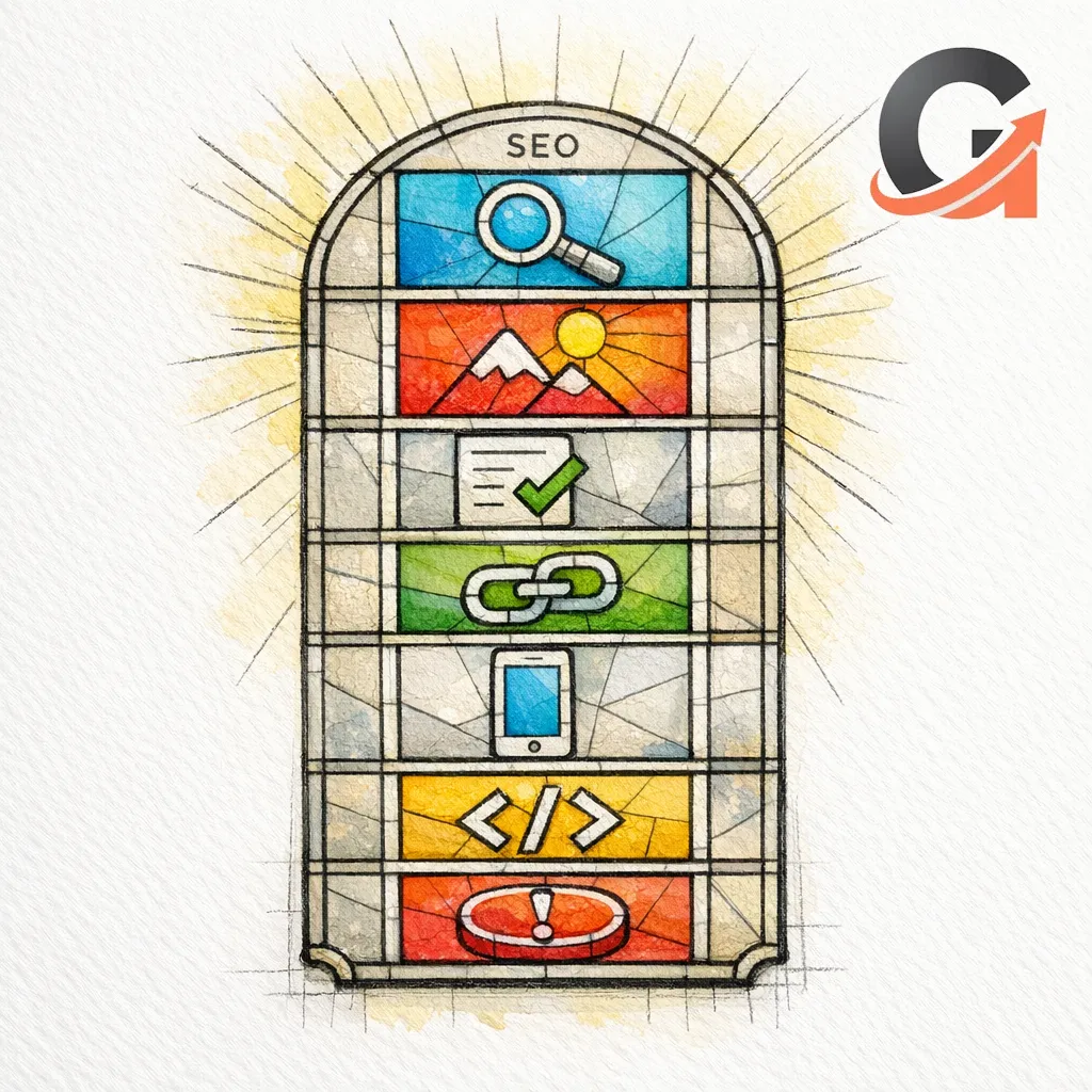 A stained-glass checklist tablet shows the core elements of a revenue page on a pure white background.