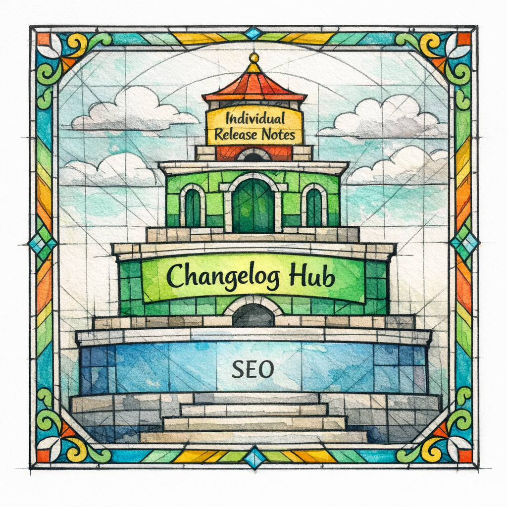 A stained-glass diagram shows product pages, a changelog hub, and release notes stacked like a temple hierarchy.
