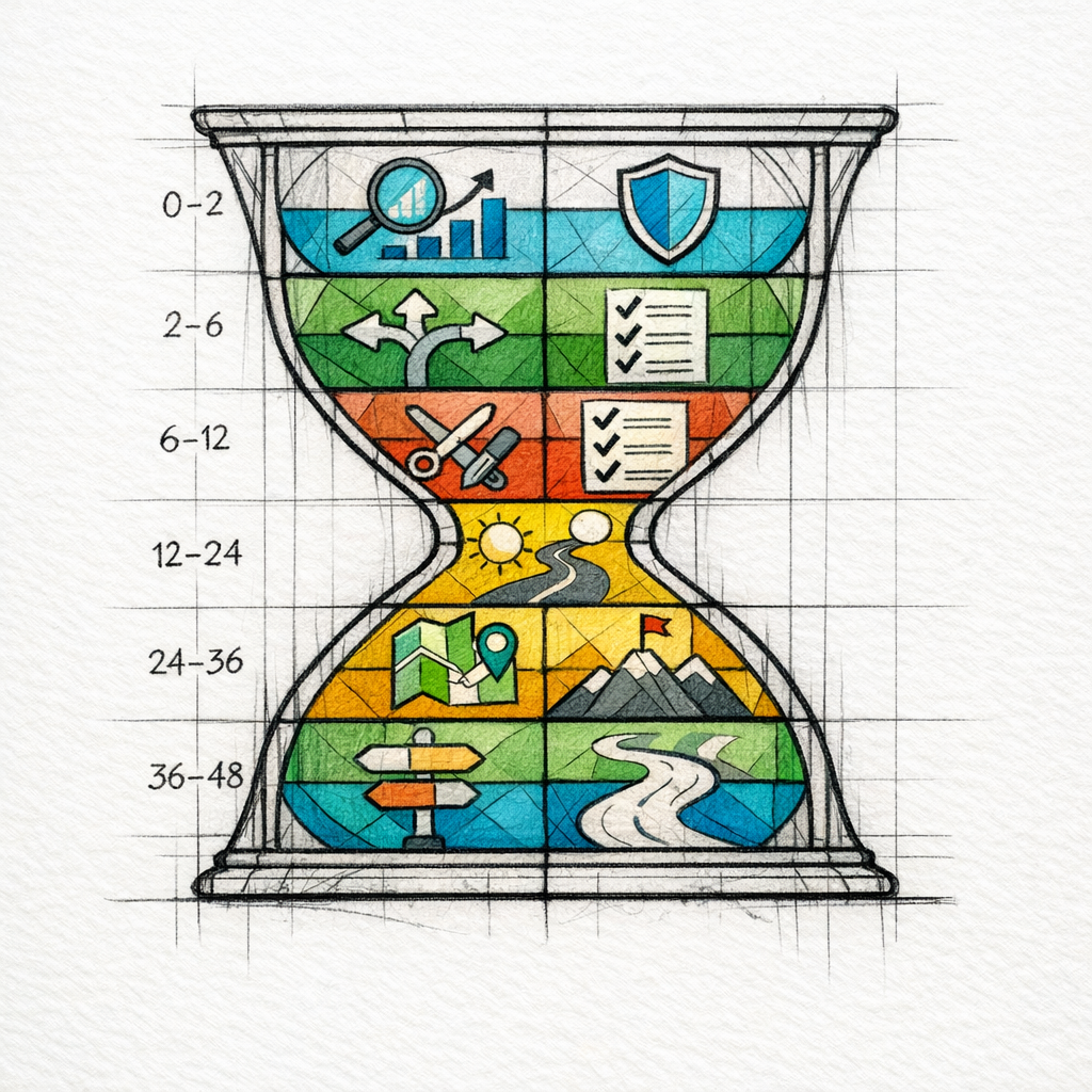 A stained-glass hourglass shows a 48-hour triage flow from confirmation to recovery plan.